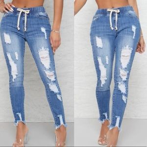 Boho distressed jogger denim drawstring waist  pants